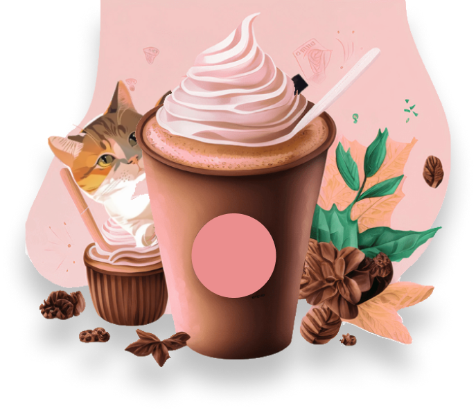 Ilustração de um cappuccino em um copo marrom com chantilly por cima, cercado por grãos de café e folhas. Ao fundo, um gato fofo aparece saindo de uma xícara com chantilly.